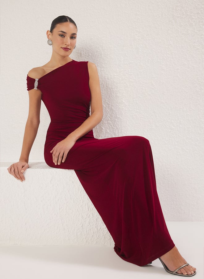 trendyol Burgundy Body-fitting Stone Accessory Woven Long Elegant Evening Night Graduation Dress - Image 1