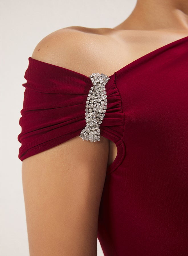 trendyol Burgundy Body-fitting Stone Accessory Woven Long Elegant Evening Night Graduation Dress - Image 3