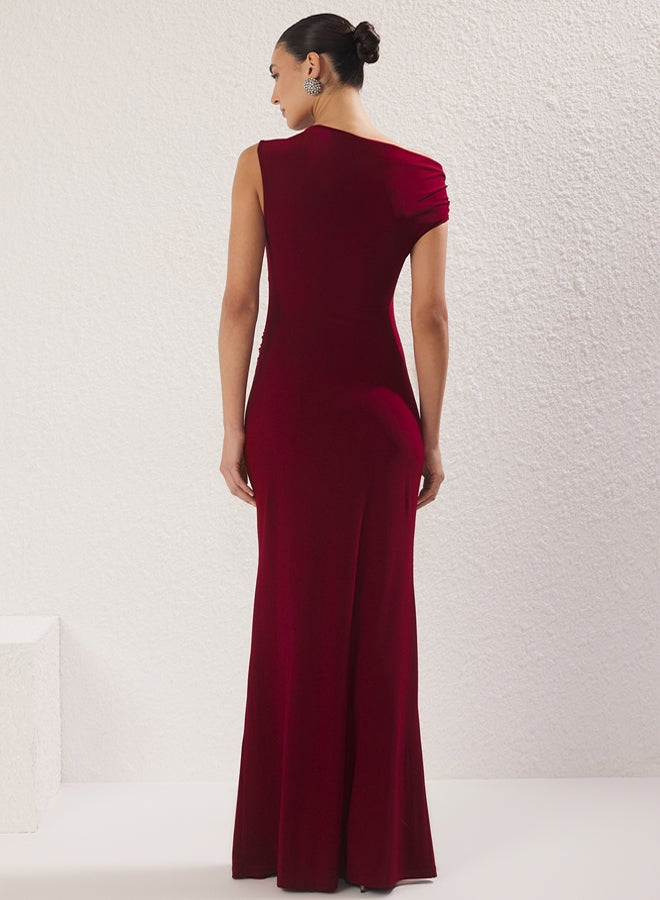 trendyol Burgundy Body-fitting Stone Accessory Woven Long Elegant Evening Night Graduation Dress - Image 4