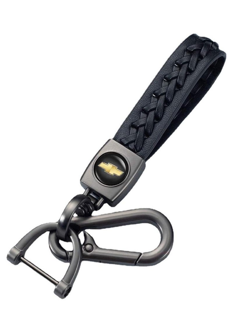 Leather Logo Keychain for Chevrolet Car and Metal Chain Keyring - Black - Image 1