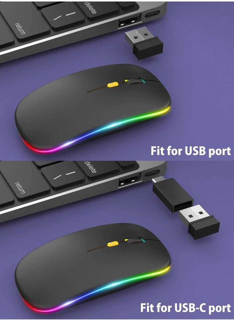 Y&D - LED Wireless Mouse, Rechargeable Slim Silent Mouse 2.4G Portable Mobile Optical Office with USB & Type-c Receiver, 3 Adjustable DPI for Notebook, PC, Laptop, Computer, Desktop (Black) - Image 1