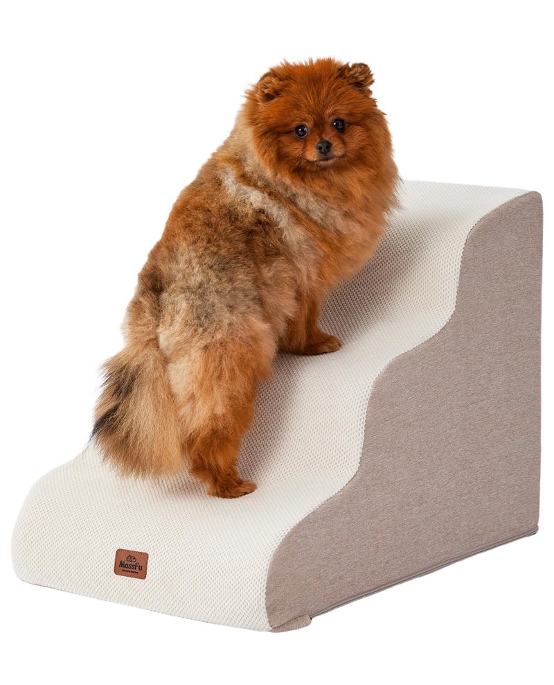 MASSFU Beige Curved Dog Stairs Ramp for Small Dogs & Cats 17" H, 3-Step Dog Steps for Couch Sofa and Chair, Pet Stairs for Cats, Non-Slip Balanced Pet Steps - Image 1