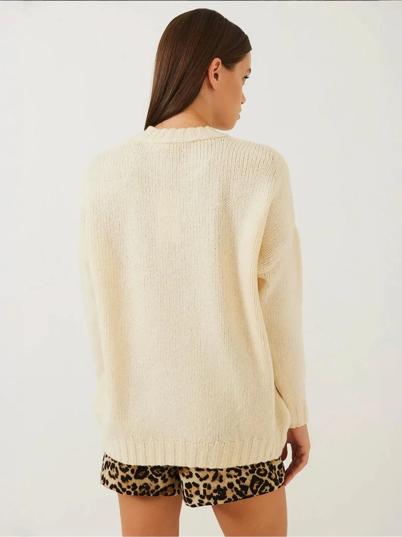 Bianco Lucci LUCCI Textured Knitwear Crew Neck Sweater with Pocket