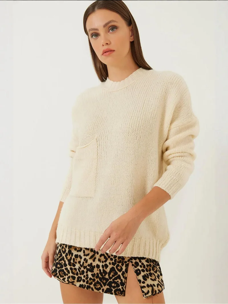Bianco Lucci LUCCI Textured Knitwear Crew Neck Sweater with Pocket