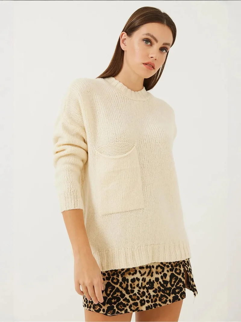 Bianco Lucci LUCCI Textured Knitwear Crew Neck Sweater with Pocket