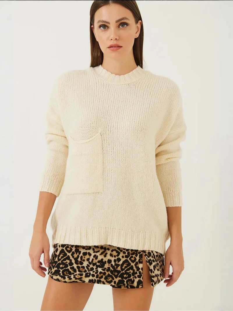 Bianco Lucci LUCCI Textured Knitwear Crew Neck Sweater with Pocket