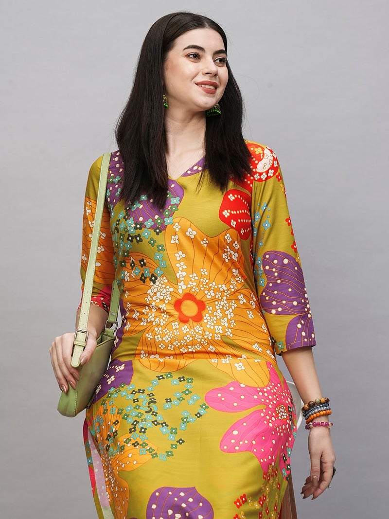 ANNI DESIGNER Women's Cotton Blend Straight Fit Printed Kurta with Pant (Wahida Yellow_XL_Yellow_X-Large) - Image 2
