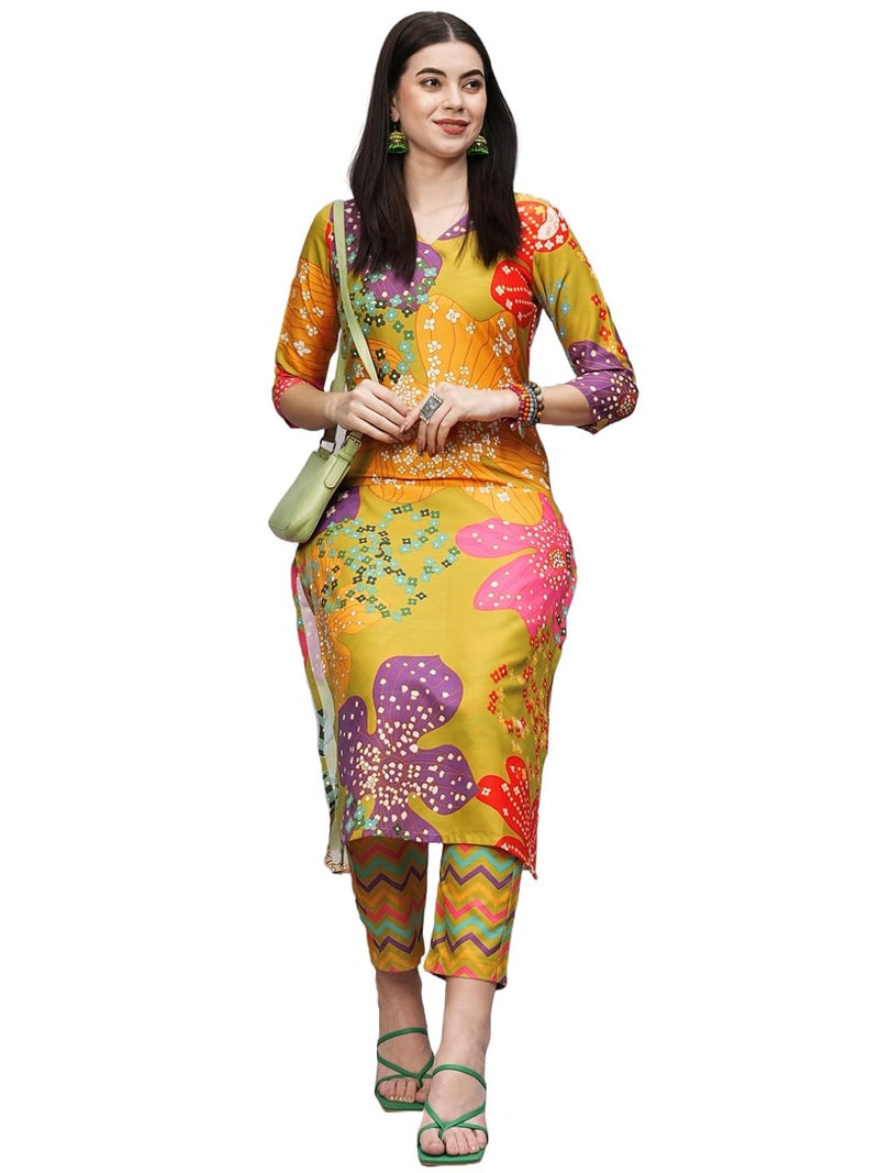 ANNI DESIGNER Women's Cotton Blend Straight Fit Printed Kurta with Pant (Wahida Yellow_XL_Yellow_X-Large) - Image 1