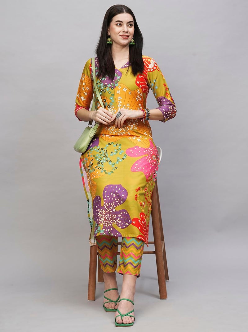 ANNI DESIGNER Women's Cotton Blend Straight Fit Printed Kurta with Pant (Wahida Yellow_XL_Yellow_X-Large) - Image 3