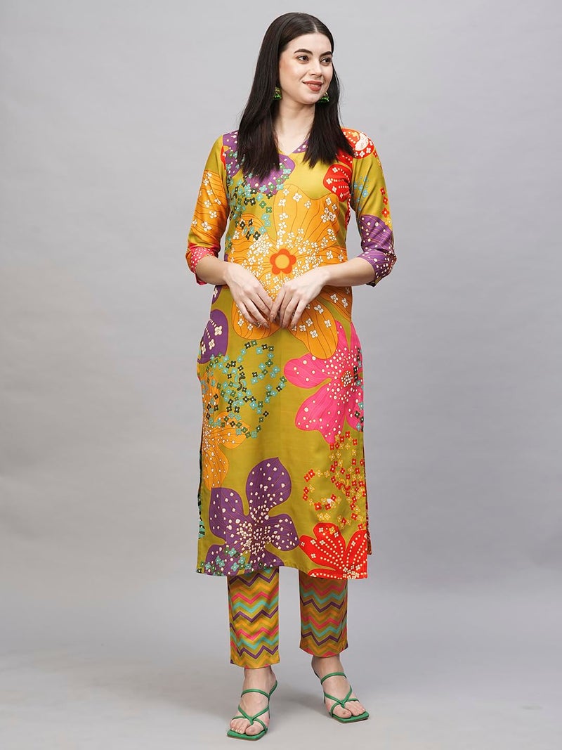 ANNI DESIGNER Women's Cotton Blend Straight Fit Printed Kurta with Pant (Wahida Yellow_XL_Yellow_X-Large) - Image 4
