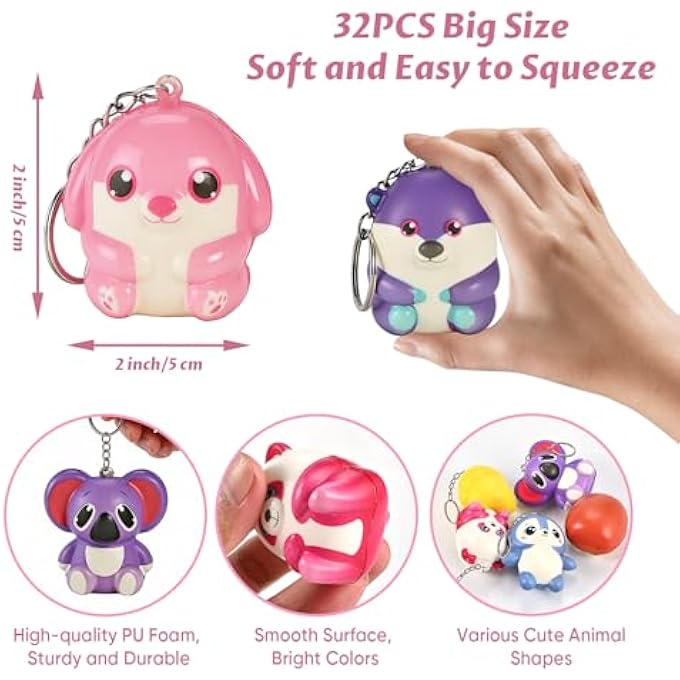 GOLDGE Assorted 32 Pack Squishy Animal Keychains - Shaped Toys - Colorful and Fun Party Favors, Goodie Bag & Pinata Stuffers, Classroom & Carnival Prizes, Treasure Box Toys for Boys and Girls - Image 2
