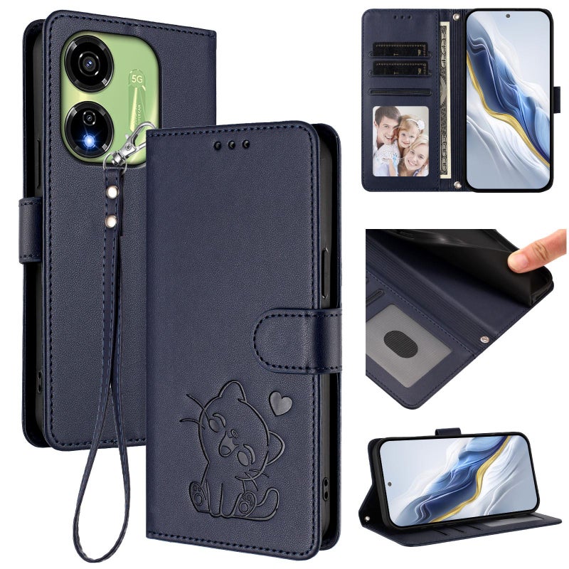 erorex For Itel P55 5G Embossed  Cat Leather Phone Case with Hand Strap(Blue) - Image 1