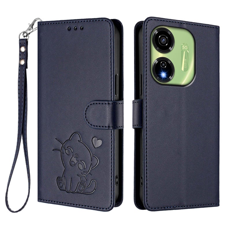 erorex For Itel P55 5G Embossed  Cat Leather Phone Case with Hand Strap(Blue) - Image 2