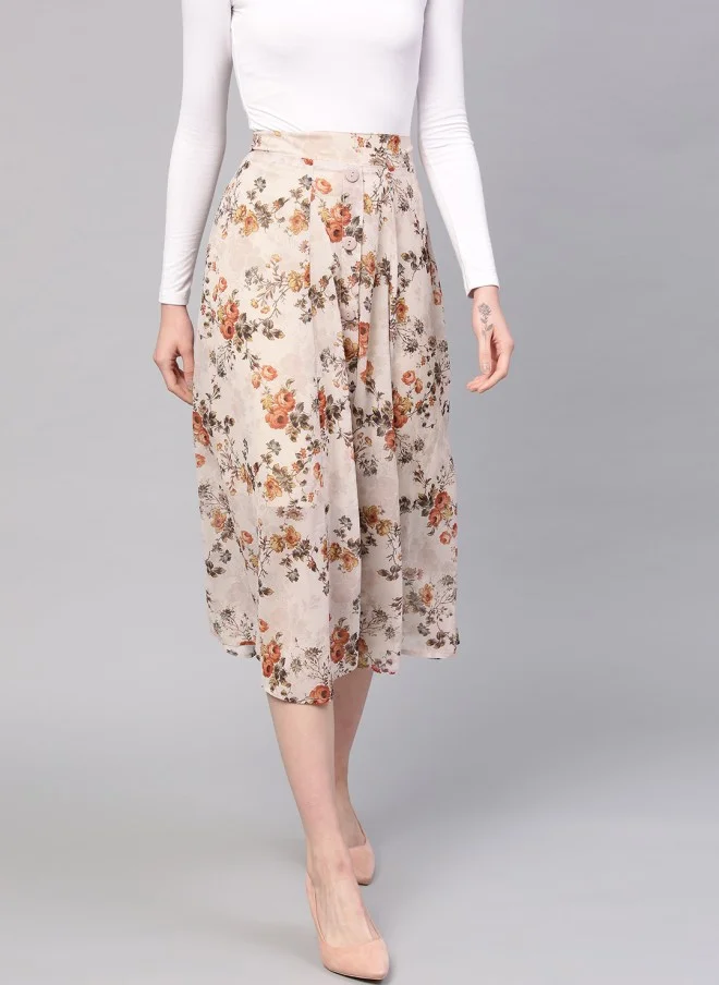 SASSAFRAS Beige Floral A-Line Skirt for Women