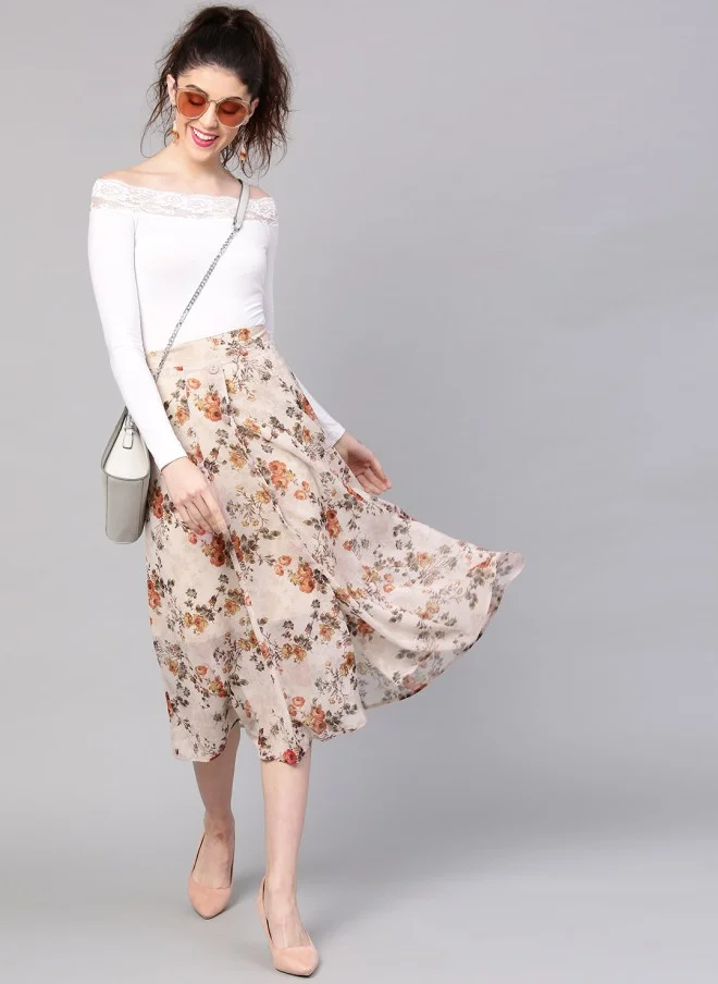 SASSAFRAS Beige Floral A-Line Skirt for Women