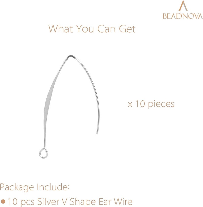 BEADNOVA سلك أذن على شكل V من BEADNOVA، سلك أقراط طويل، خطاف أقراط لصنع أقراط متدلية، صنع المجوهرات، دبابيس أذن، DIY، فضي 43 مم، 10 قطع - Image 3