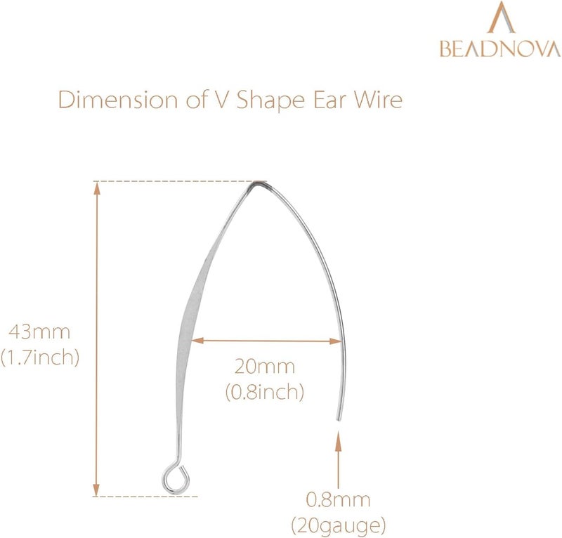 BEADNOVA سلك أذن على شكل V من BEADNOVA، سلك أقراط طويل، خطاف أقراط لصنع أقراط متدلية، صنع المجوهرات، دبابيس أذن، DIY، فضي 43 مم، 10 قطع - Image 2