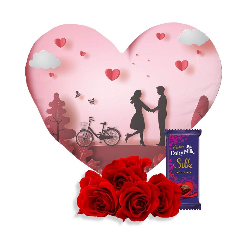 YaYa Cafe TheYaYaCafe Birthday Gifts Chocolate Gifts Combo for Girlfriend Boyfriend Heart Shape Cushion with Filler Bunch of 5 Red Roses 1 Dairy Milk Silk 60g Set of 3 Hamper Love Birds - Image 1