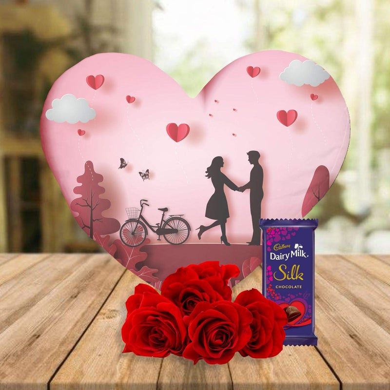 YaYa Cafe TheYaYaCafe Birthday Gifts Chocolate Gifts Combo for Girlfriend Boyfriend Heart Shape Cushion with Filler Bunch of 5 Red Roses 1 Dairy Milk Silk 60g Set of 3 Hamper Love Birds - Image 2