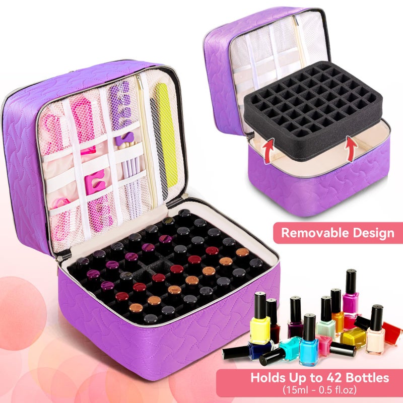 DreamGenius Nail Polish Organizer Case Holds 42 Bottles (15Ml/0.5 Fl.Oz)  Double-Layer Nail Polish Storage With Adjustable Dividers  Portable Nail Polish Bag For Nail Gel Nail Lamp And Manicure Tools  Purple - Image 3