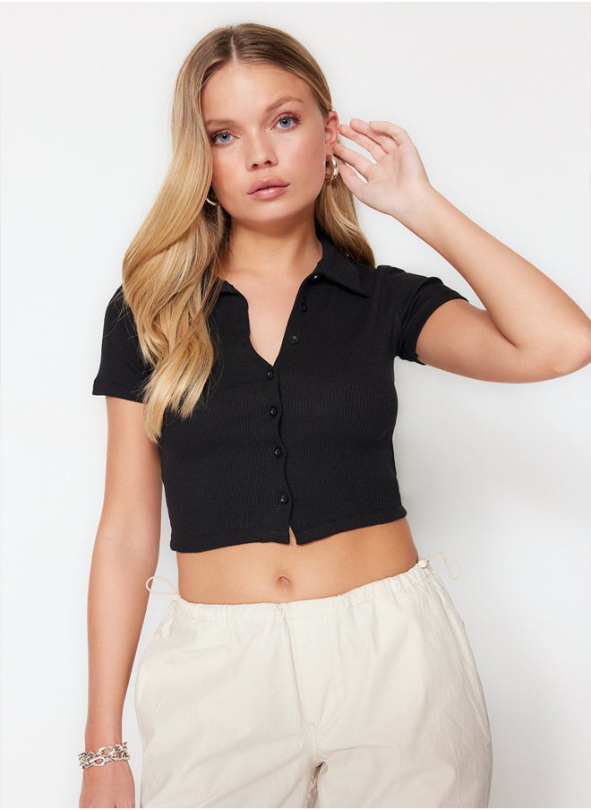 trendyol - Black Button Detail Fitted/Situated Crop Polo Neck Ribbed Stretch Knit Blouse TWOSS23BZ00537. - Image 1