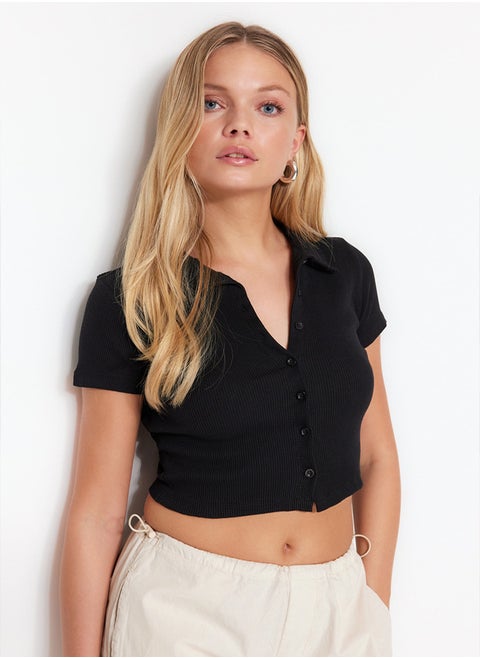 Black Button Detail Fitted/Situated Crop Polo Neck Ribbed Stretch Knit Blouse TWOSS23BZ00537.