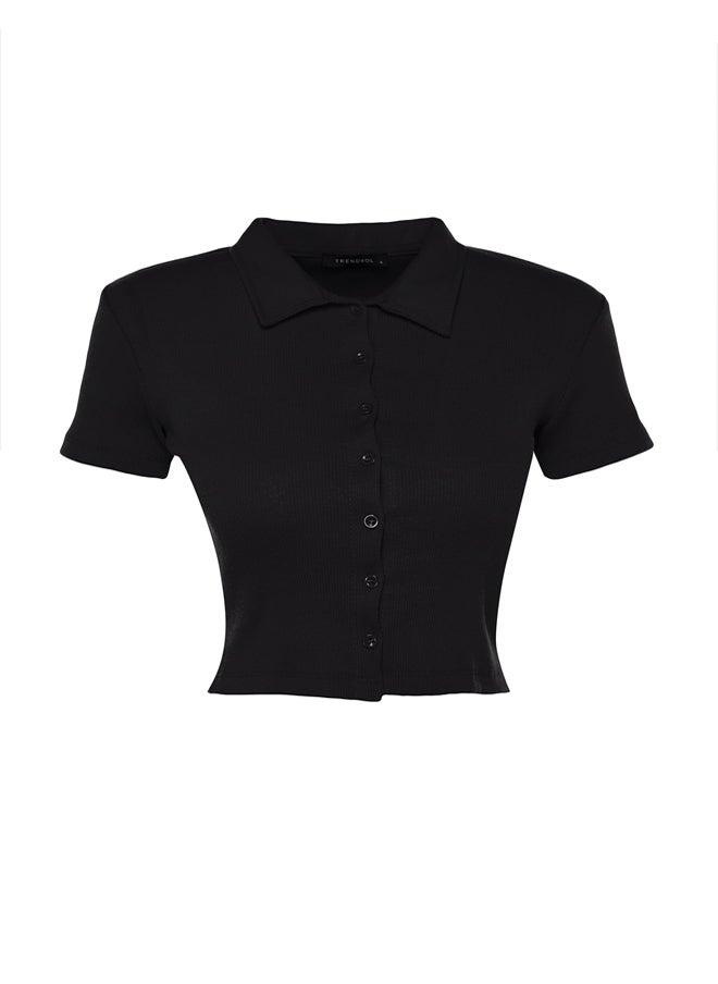 trendyol - Black Button Detail Fitted/Situated Crop Polo Neck Ribbed Stretch Knit Blouse TWOSS23BZ00537. - Image 1