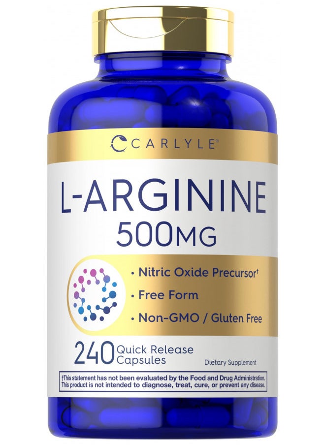 Carlyle L-Arginine 500mg Capsules | 240 Count | Free Form | Non-GMO & Gluten Free Supplement