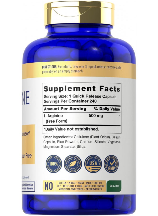 Carlyle L-Arginine 500mg Capsules | 240 Count | Free Form | Non-GMO & Gluten Free Supplement