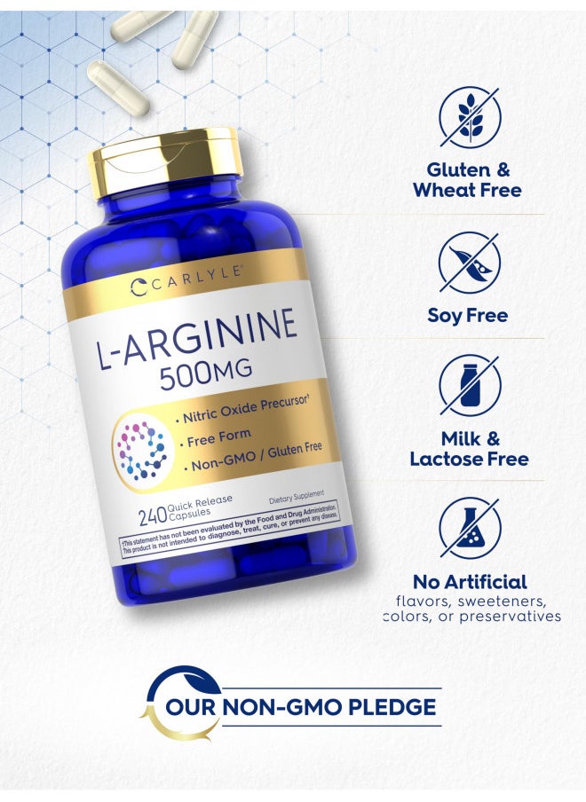 Carlyle L-Arginine 500mg Capsules | 240 Count | Free Form | Non-GMO & Gluten Free Supplement