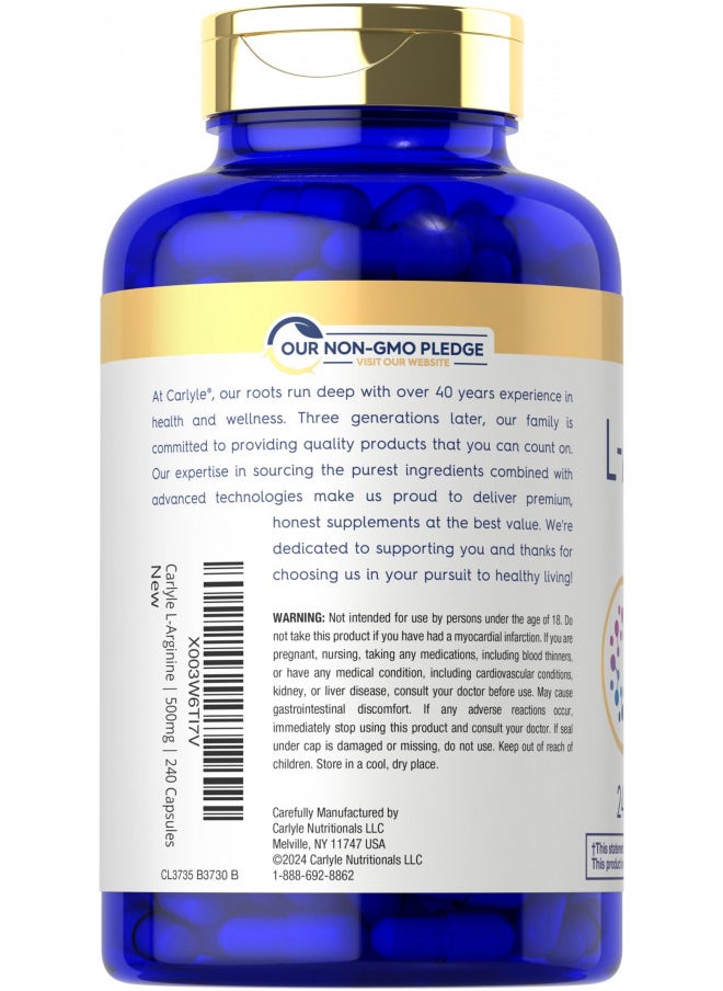 Carlyle L-Arginine 500mg Capsules | 240 Count | Free Form | Non-GMO & Gluten Free Supplement