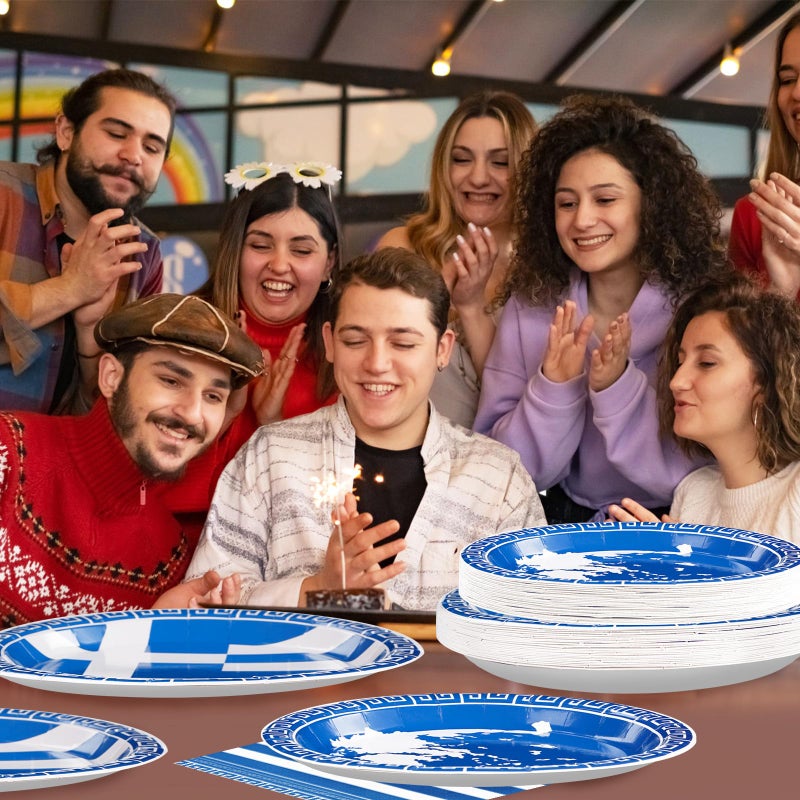 Grencian 96 قطعة لوازم حفلة عيد ميلاد علم اليونان أطباق علم اليونان القابلة للتصرف لوازم حفلة عيد ميلاد يونانية لتزيين عيد الميلاد الأزرق تجمع عائلي يوناني احتفال بالطعام يخدم 24 - Image 3