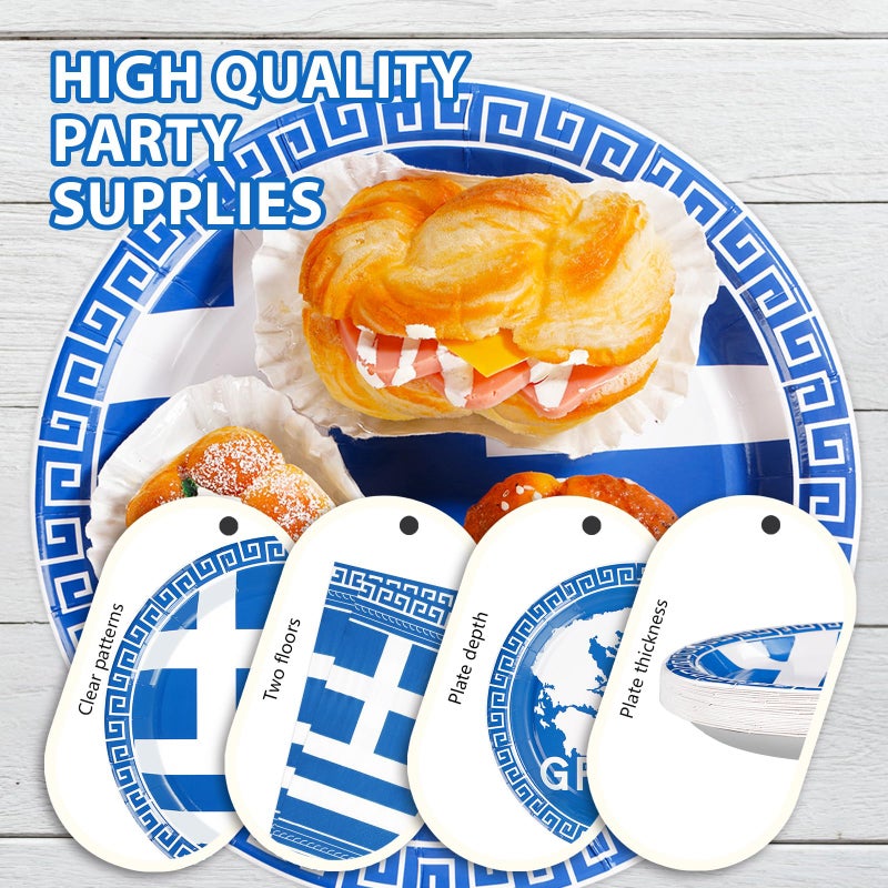 Grencian 96 قطعة لوازم حفلة عيد ميلاد علم اليونان أطباق علم اليونان القابلة للتصرف لوازم حفلة عيد ميلاد يونانية لتزيين عيد الميلاد الأزرق تجمع عائلي يوناني احتفال بالطعام يخدم 24 - Image 5