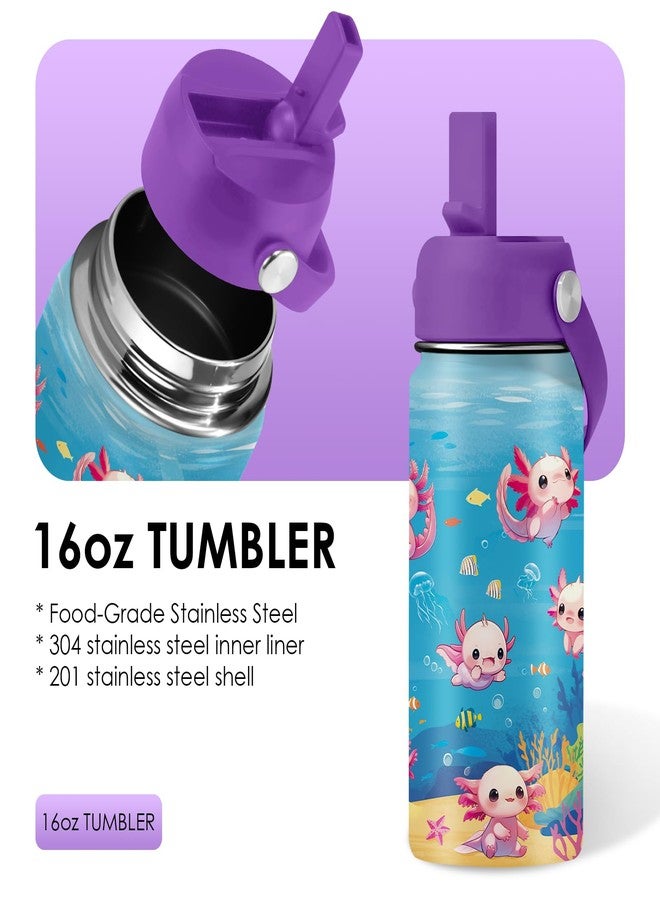 xiiai Axolotl Gifts for Girls 16 oz Kids Water Bottle with Straw Lid, Stainless Steel Insulated Tumbler, Leak Proof, BPA-Free,Adorable Ocean Animal Mug Cup for Sports,Travel Children Birthday Gifts (1pc) - Image 2