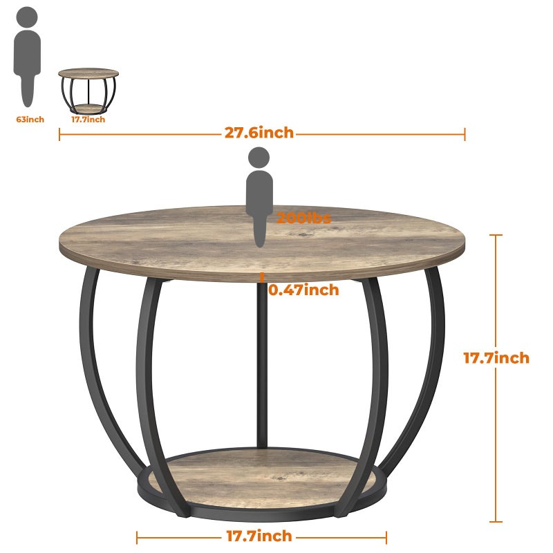 GreenForest Round Coffee Table with 2-Tier Open Storage, 27.6 inch Small Circle Coffee Tables with Adjustable Feet, Modern Mini Center Table for Small Living Room, Grey Wash - Image 2