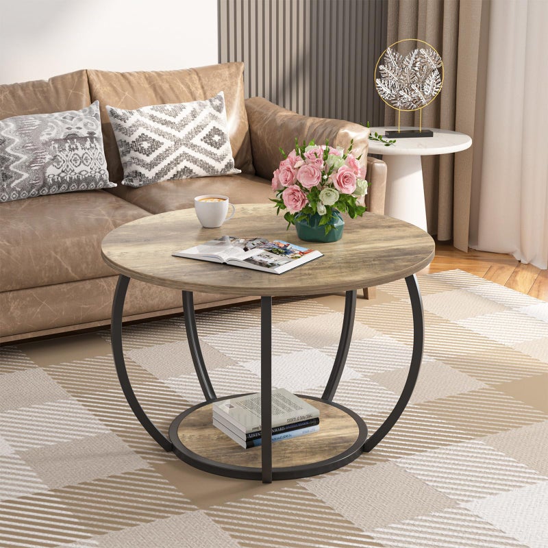 GreenForest Round Coffee Table with 2-Tier Open Storage, 27.6 inch Small Circle Coffee Tables with Adjustable Feet, Modern Mini Center Table for Small Living Room, Grey Wash - Image 1