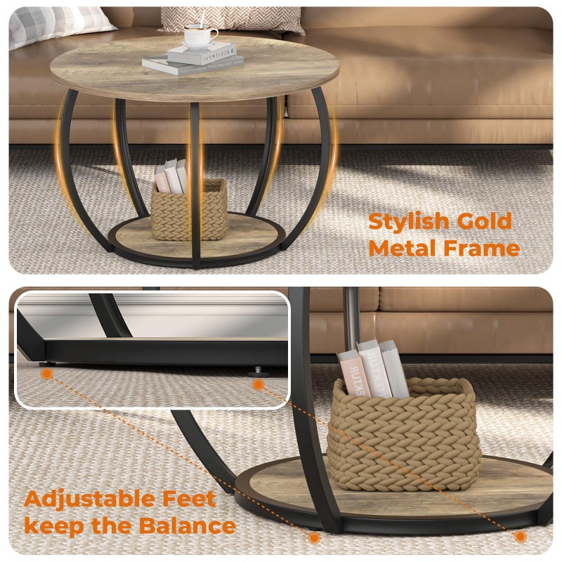 GreenForest Round Coffee Table with 2-Tier Open Storage, 27.6 inch Small Circle Coffee Tables with Adjustable Feet, Modern Mini Center Table for Small Living Room, Grey Wash - Image 4