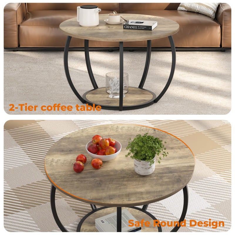GreenForest Round Coffee Table with 2-Tier Open Storage, 27.6 inch Small Circle Coffee Tables with Adjustable Feet, Modern Mini Center Table for Small Living Room, Grey Wash - Image 5