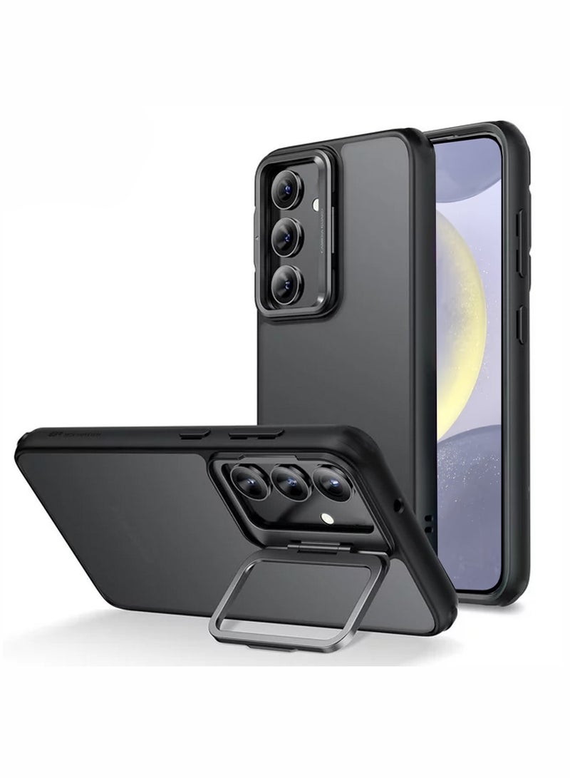 Wtech Hybrid Soft Silicone Transparent Back With Camera Folding Bracket Holder Stand Case Cover For Samsung Galaxy S24 5G 2024 Black - Image 1