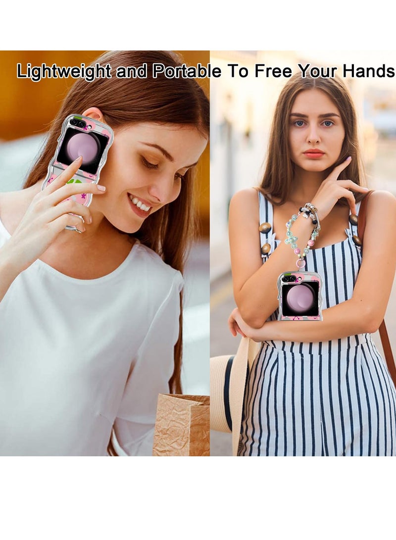 KASTWAVE Designed for Galaxy Z Flip 5 Case, Curly Wave Frame Cute Flower Cover Shockproof Protective Phone Case, with Strap and Phone Card Gasket, for Samsung Galaxy Z Flip 5 5g 2023 (Green & Pink) - Image 3