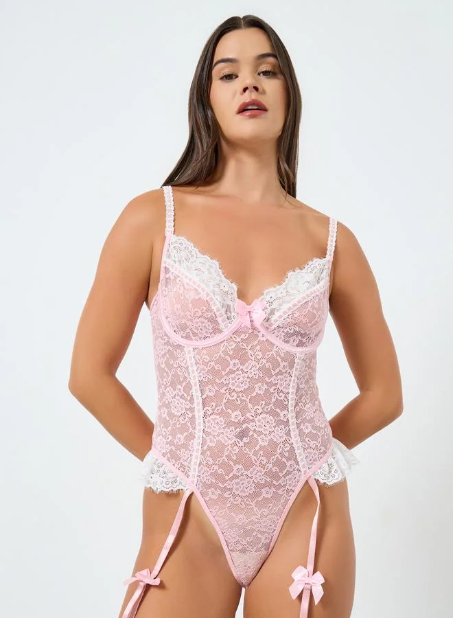 Styli Floral Lace Bodysuit with  Attached Garters and Stockings Set