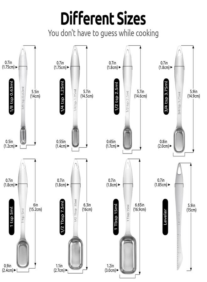 U-Taste Narrow Square Measuring Spoons: 18/8 Stainless Steel Kitchen Measure Teaspoon Tablespoon with Leveler, Polygon Rectangular Metal Jar Scoop for Baking Cooking, Coffee, Spice, Powder (Set of 8) - Image 2