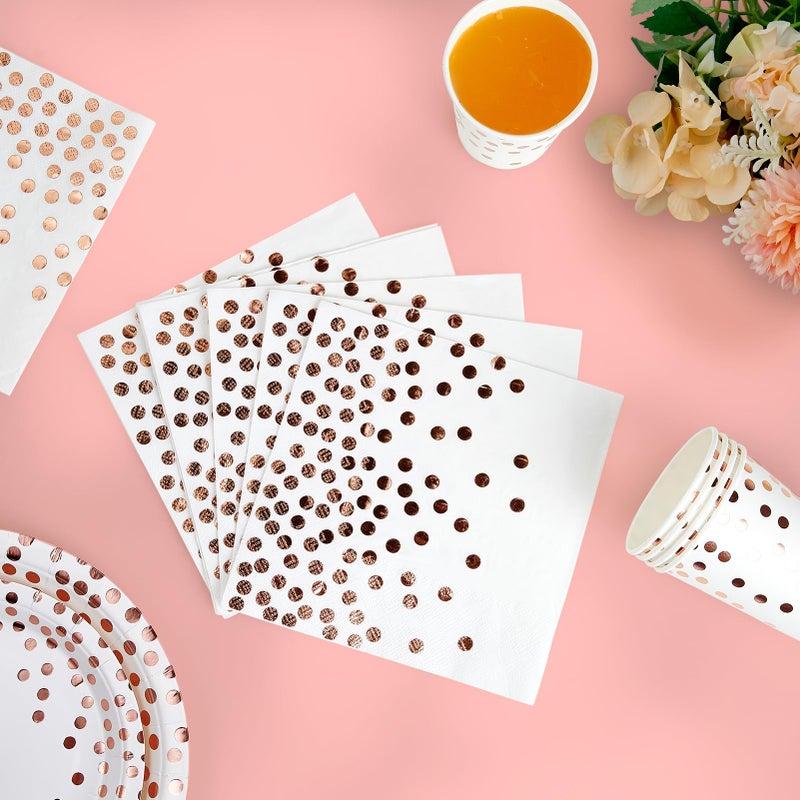JOLLY PARTY White and Rose Gold Party Supplies - 350 PCS Disposable Dinnerware Set - White Paper Plates Napkins Cups, Gold Plastic Forks Knives Spoon for Graduation, Birthday, Thanksgiving, Cocktail Party - Image 4