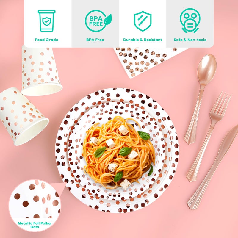 JOLLY PARTY White and Rose Gold Party Supplies - 350 PCS Disposable Dinnerware Set - White Paper Plates Napkins Cups, Gold Plastic Forks Knives Spoon for Graduation, Birthday, Thanksgiving, Cocktail Party - Image 3