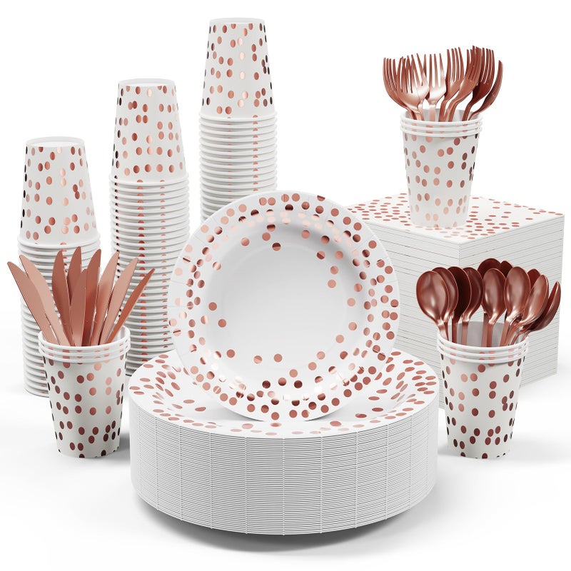 JOLLY PARTY White and Rose Gold Party Supplies - 350 PCS Disposable Dinnerware Set - White Paper Plates Napkins Cups, Gold Plastic Forks Knives Spoon for Graduation, Birthday, Thanksgiving, Cocktail Party - Image 1