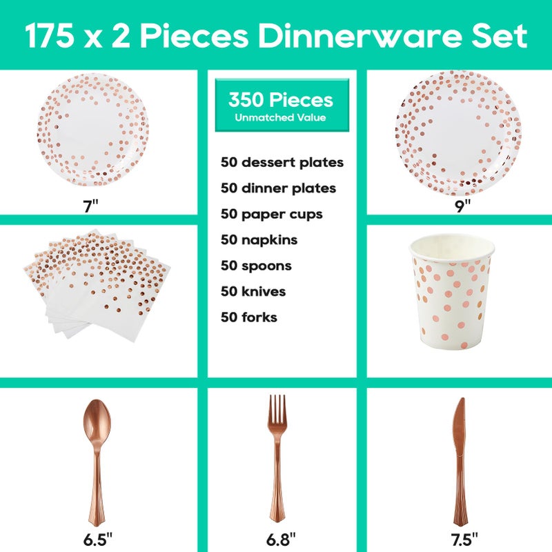 JOLLY PARTY White and Rose Gold Party Supplies - 350 PCS Disposable Dinnerware Set - White Paper Plates Napkins Cups, Gold Plastic Forks Knives Spoon for Graduation, Birthday, Thanksgiving, Cocktail Party - Image 2