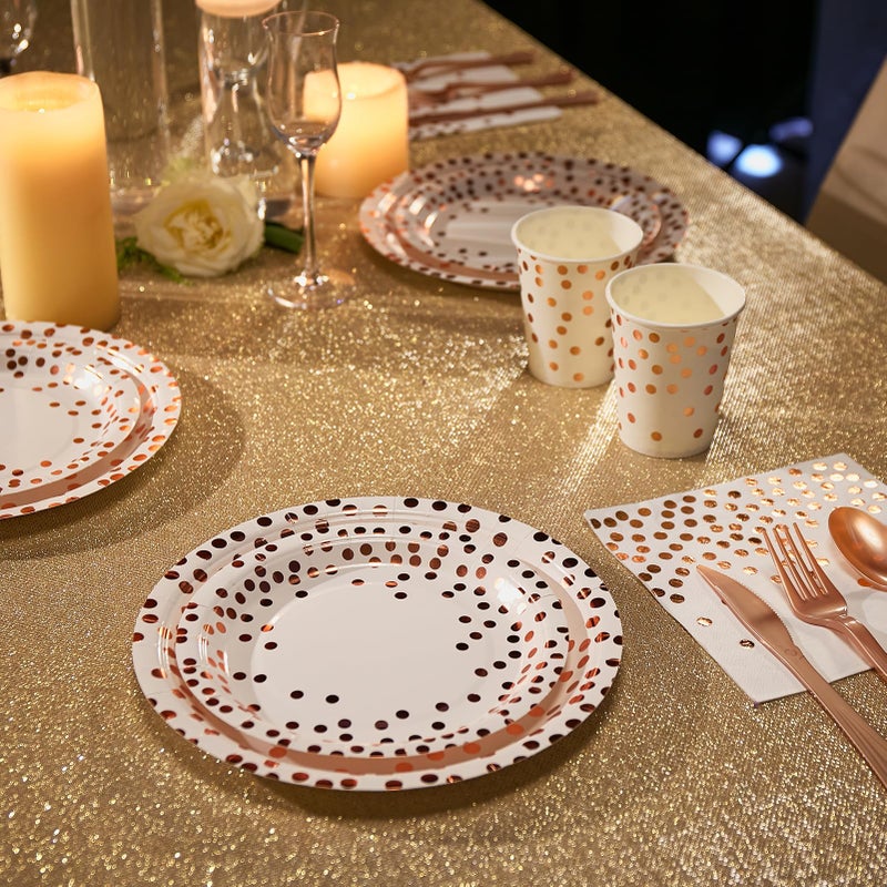 JOLLY PARTY White and Rose Gold Party Supplies - 350 PCS Disposable Dinnerware Set - White Paper Plates Napkins Cups, Gold Plastic Forks Knives Spoon for Graduation, Birthday, Thanksgiving, Cocktail Party - Image 5