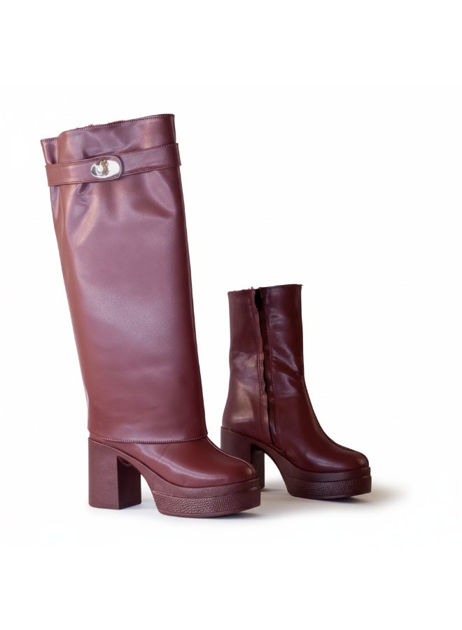 لايف ستيلاش  بوت طويل بكعب من الجلد LB-44 - نبيتي - Image 4