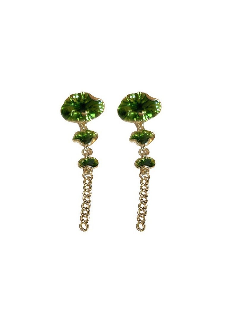 Green Lotus Leaf Long Tassel Earrings  - Image 1