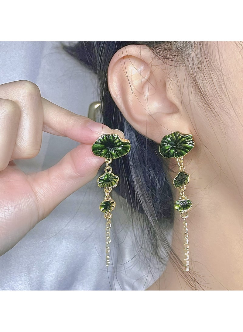 Green Lotus Leaf Long Tassel Earrings  - Image 2